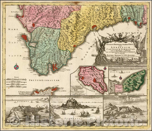 Historic Map - Accurata Designatio Celebris Freti prope Andalusiae Castellum Gibralter inter in Eu :: Regional of parts of Spain, inset Maps of Minorca etc, 1730 - Vintage Wall Art