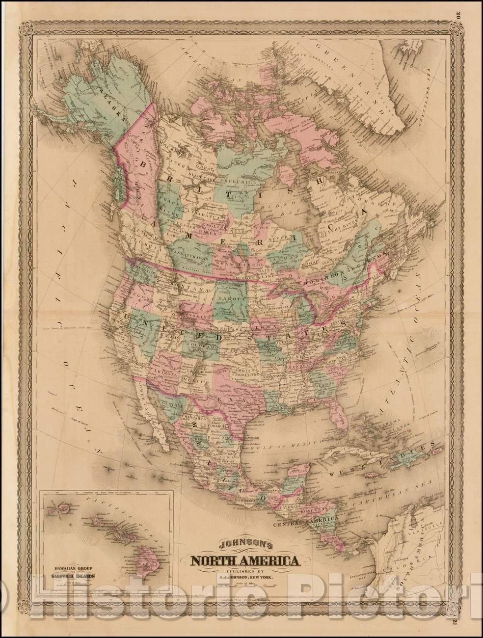 Historic Map - Johnson's North America [with Inset of Hawaii], 1870, Alvin Jewett Johnson - Vintage Wall Art