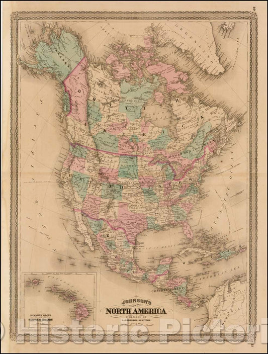 Historic Map - Johnson's North America [with Inset of Hawaii], 1870, Alvin Jewett Johnson - Vintage Wall Art