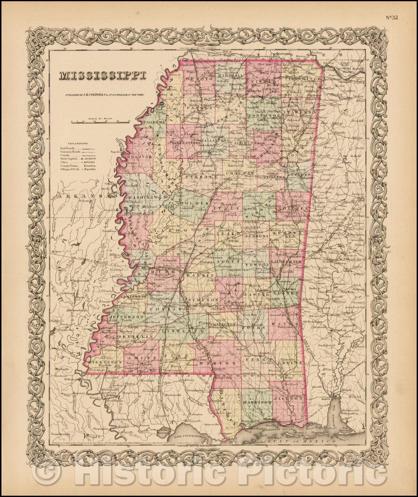 Historic Map - Mississippi, 1855, Joseph Hutchins Colton - Vintage Wall Art
