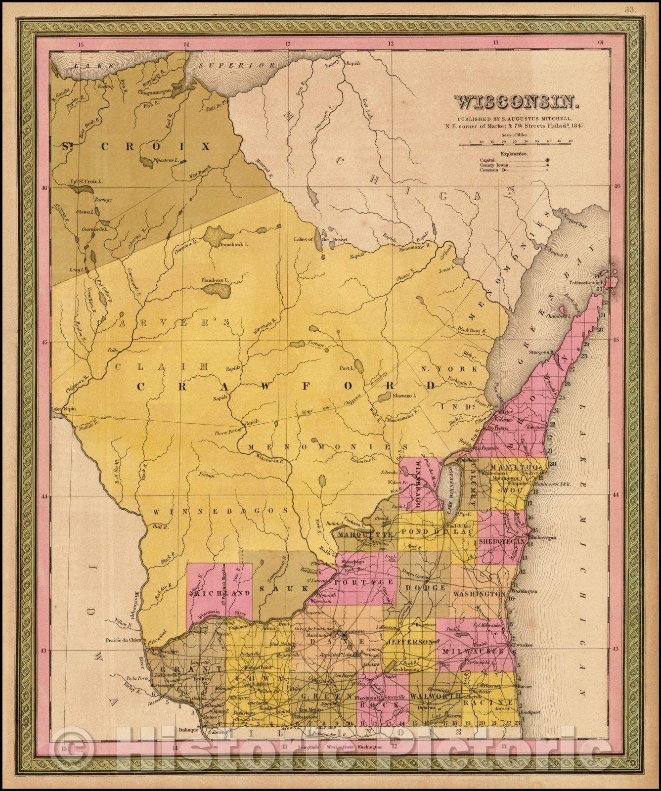 Historic Map - Wisconsin, 1847, Samuel Augustus Mitchell - Vintage Wall Art