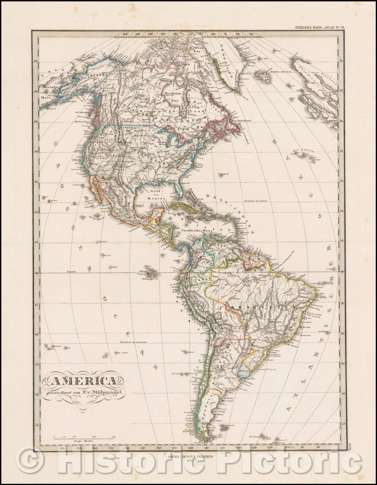Historic Map - America gezeichnet von F.v.Stulpnagel, 1876, Adolf Stieler - Vintage Wall Art