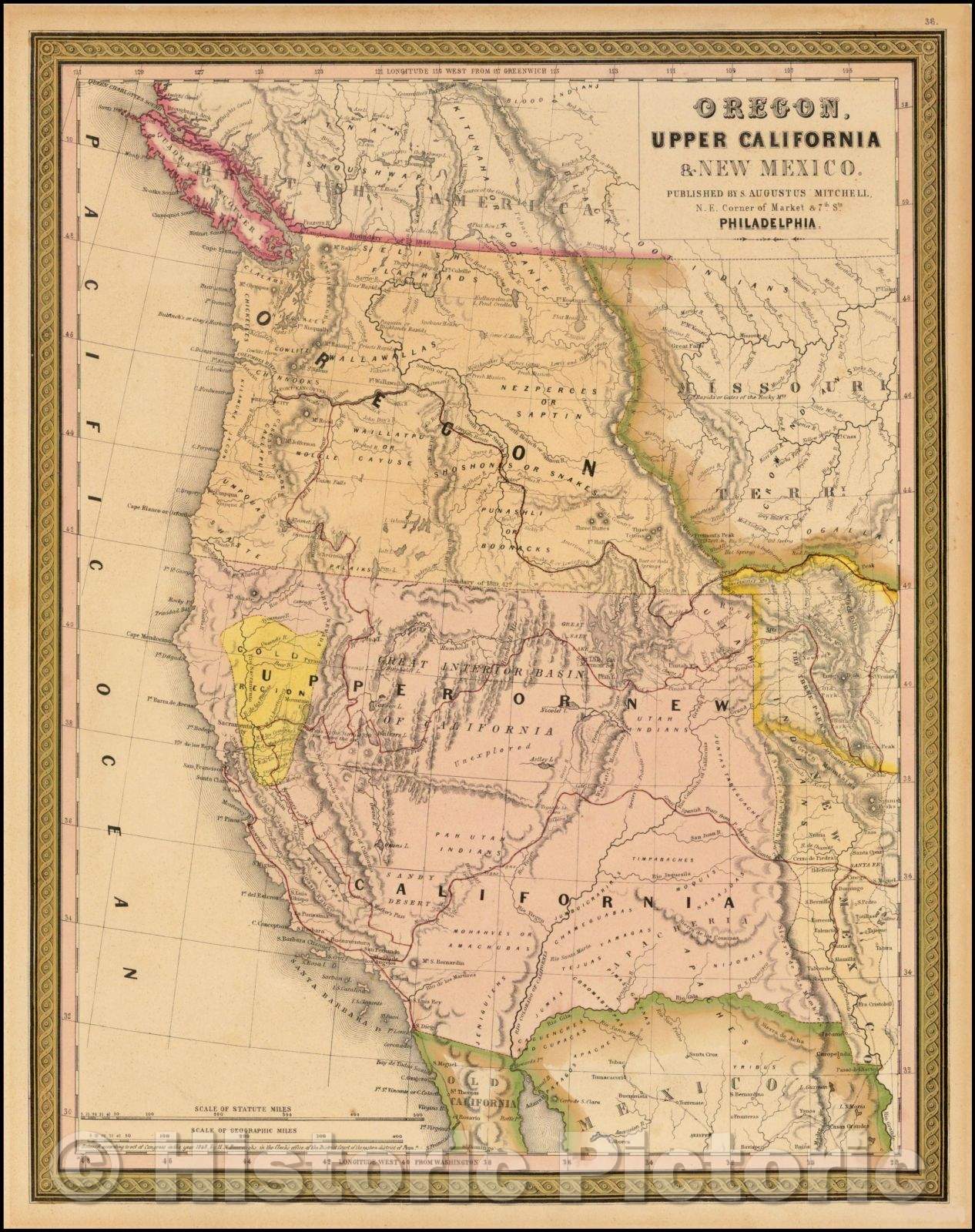 Historic Map - Oregon, Upper California, New Mexico [Gold Region Shown in Gold!], 1849, Samuel Augustus Mitchell v3