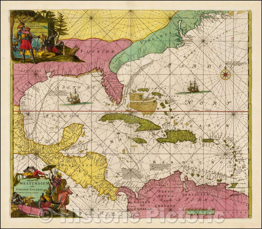 Historic Map - Indiarum Occidentalium Tractus Littorales cum Insulis Caribicis/De Wit's general Sea Chart of the southeastern US, Gulf Coast, Florida, 1720 - Vintage Wall Art