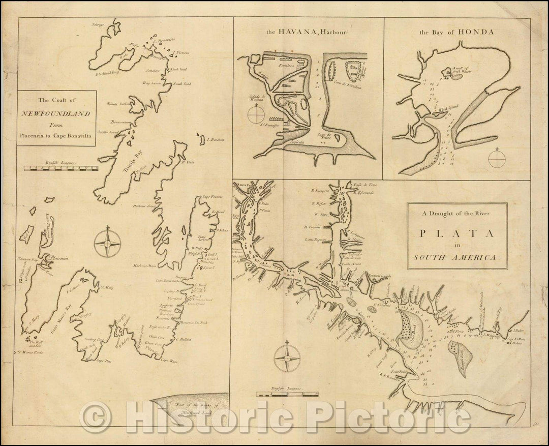 Historic Map - The Coast of Newfoundland From Plancentia to Cape Bonavista, 1728, John Senex - Vintage Wall Art