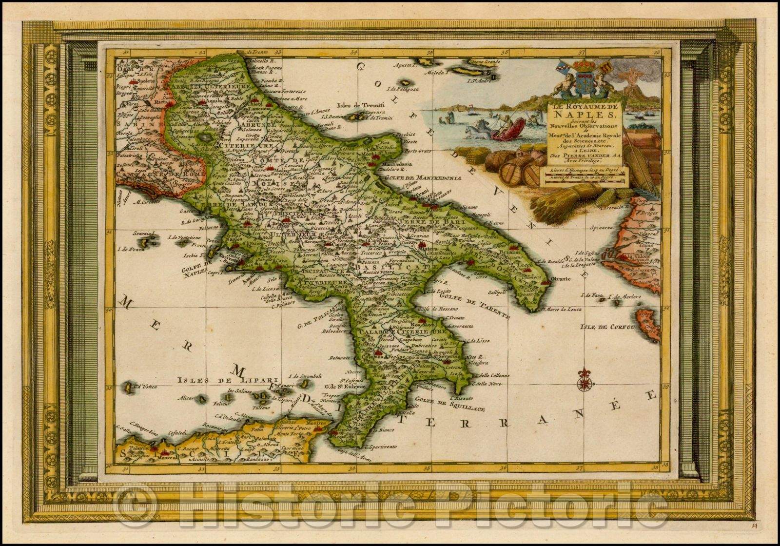 Historic Map - Le Royaume De Naples Suivant les Nouvelles Observations/Vander Aa's Map of the Kingdom of Naples, 1700, Pieter van der Aa - Vintage Wall Art