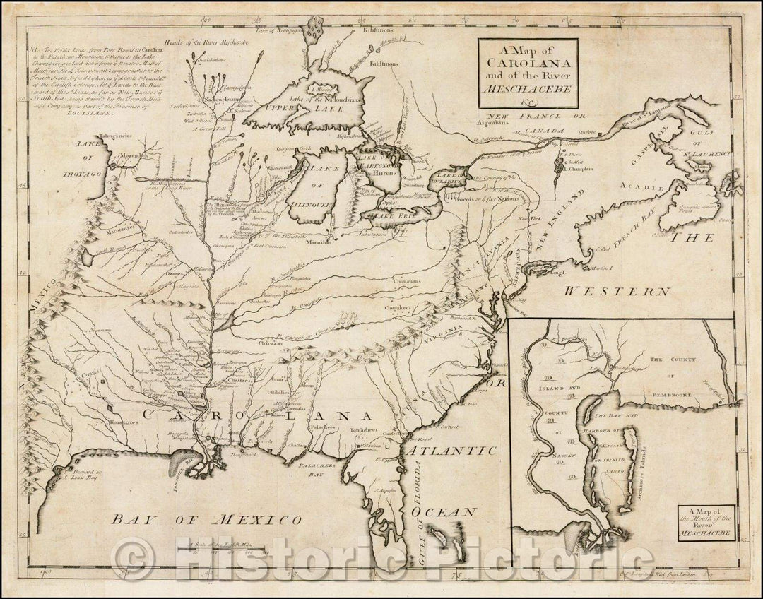 Historic Map - A Map of Carolana and of the River Meschacebe, 1722, Daniel Coxe - Vintage Wall Art