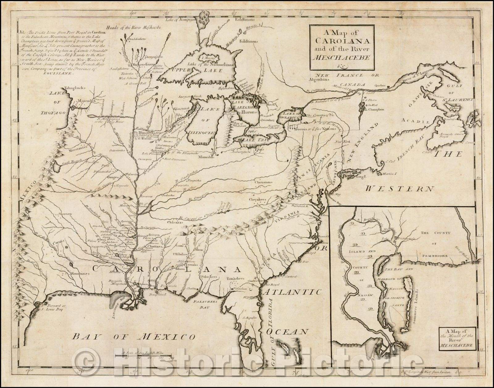 Historic Map - A Map of Carolana and of the River Meschacebe, 1722, Daniel Coxe - Vintage Wall Art