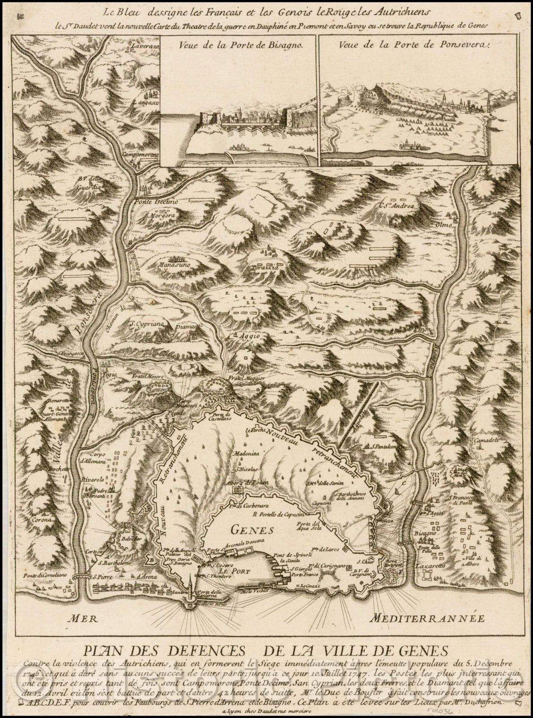 Historic Map - Plan Des Defences De La Ville De Genes contre la violence des Autrichiens, Defenses Of The City Of Genoa violence against the Austrians, 1747 - Vintage Wall Art