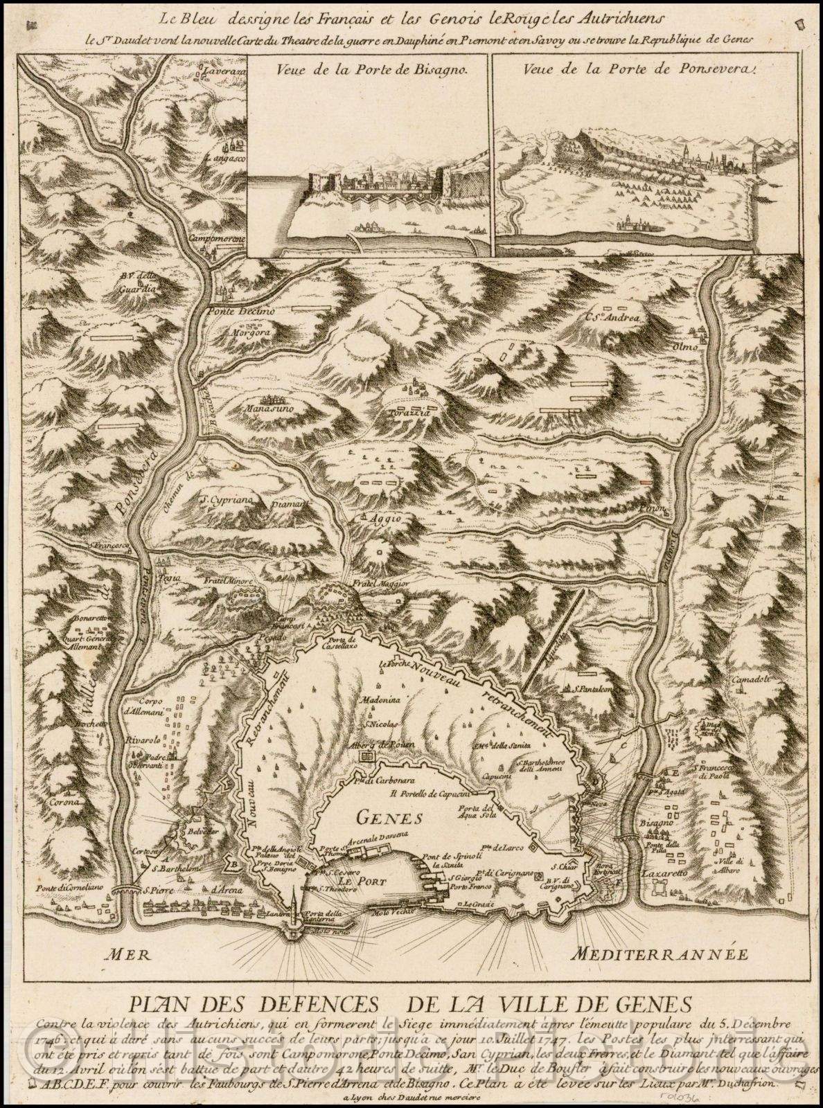 Historic Map - Plan Des Defences De La Ville De Genes contre la violence des Autrichiens, Defenses Of The City Of Genoa violence against the Austrians, 1747 - Vintage Wall Art