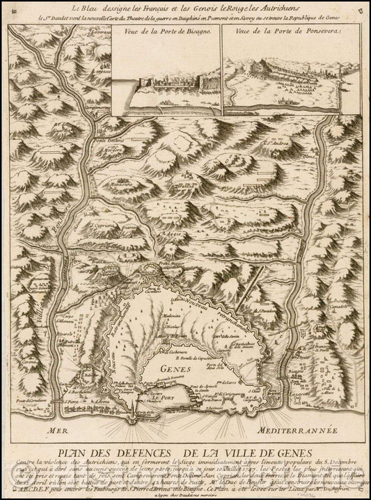 Historic Map - Plan Des Defences De La Ville De Genes contre la violence des Autrichiens, Defenses Of The City Of Genoa violence against the Austrians, 1747 - Vintage Wall Art