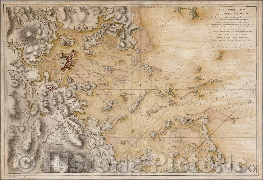Historic Map - Carte Particuliere Du Havre De Boston/of this scarce Revolutionary War era Plan of Boston Harbor, 1780, Antoine Sartine - Vintage Wall Art