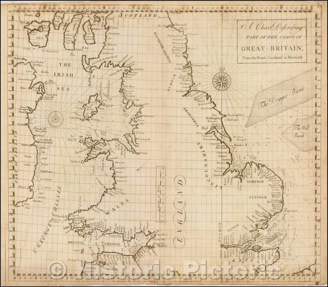 Historic Map - A Chart Describing Part of the Coast of Great-Britain, From South Foreland to Berwick, 1728, John Senex - Vintage Wall Art