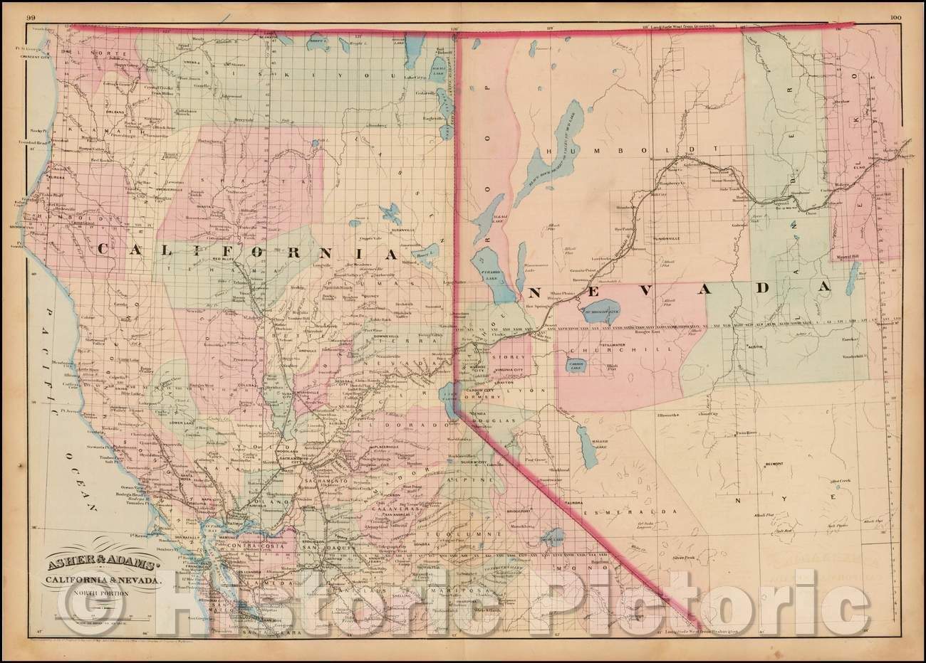 Historic Map - Asher & Adams' California & Nevada, North Portion, 1874, Asher v1