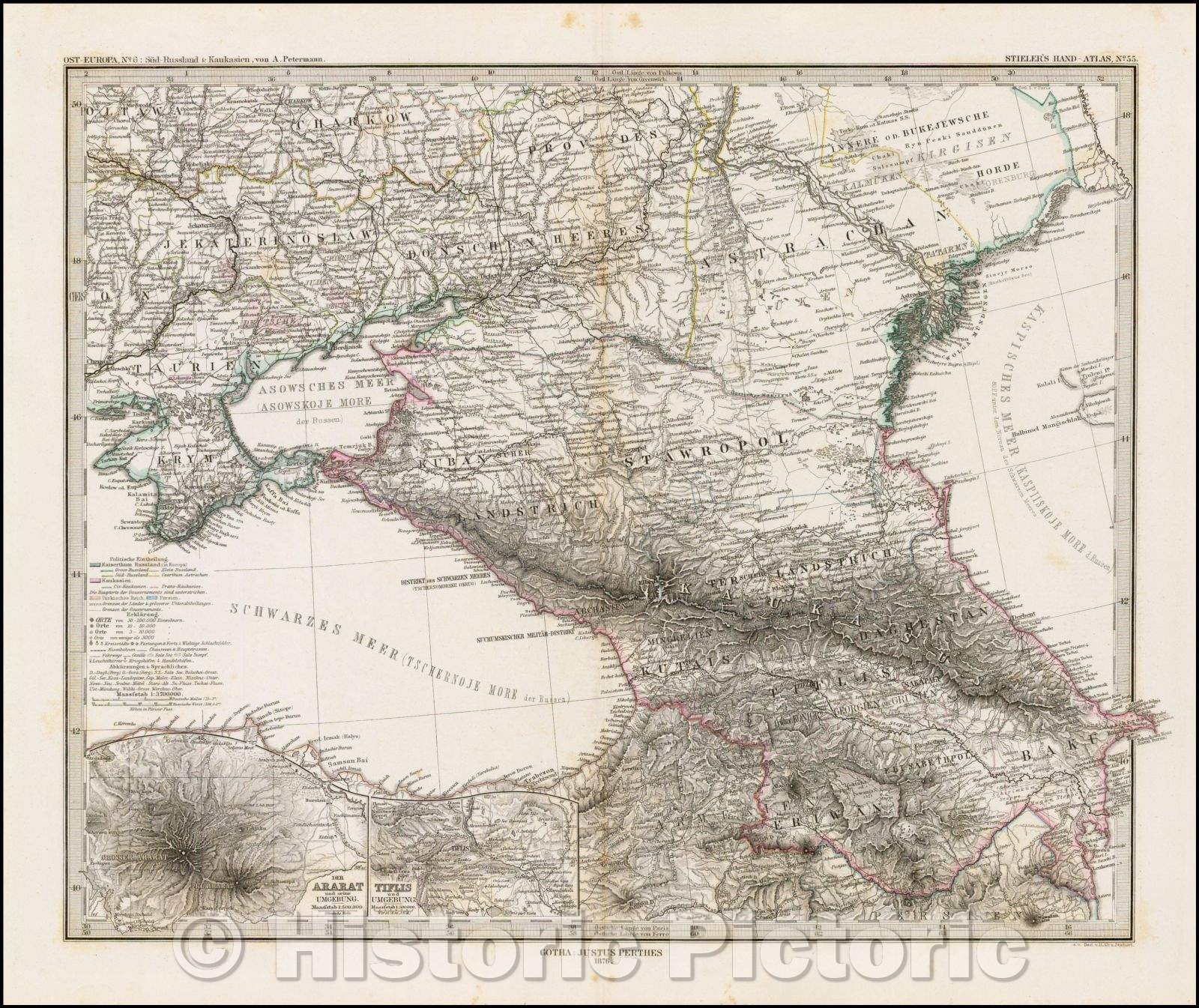 Historic Map - Ost-Europa: Sud Russland & Kankasien, 1876, Adolf Stieler - Vintage Wall Art
