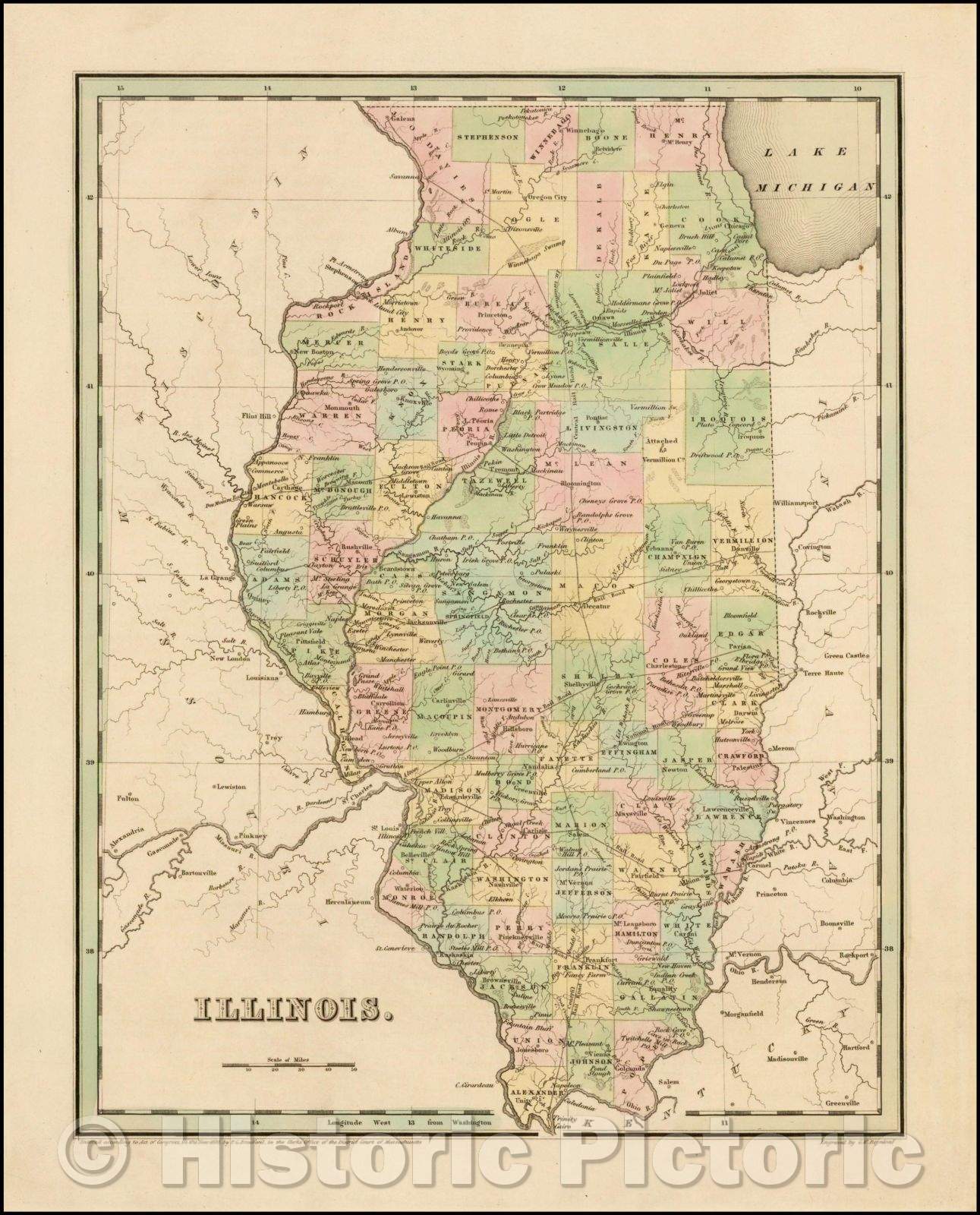 Historic Map - Illinois, 1838, Thomas Gamaliel Bradford - Vintage Wall Art
