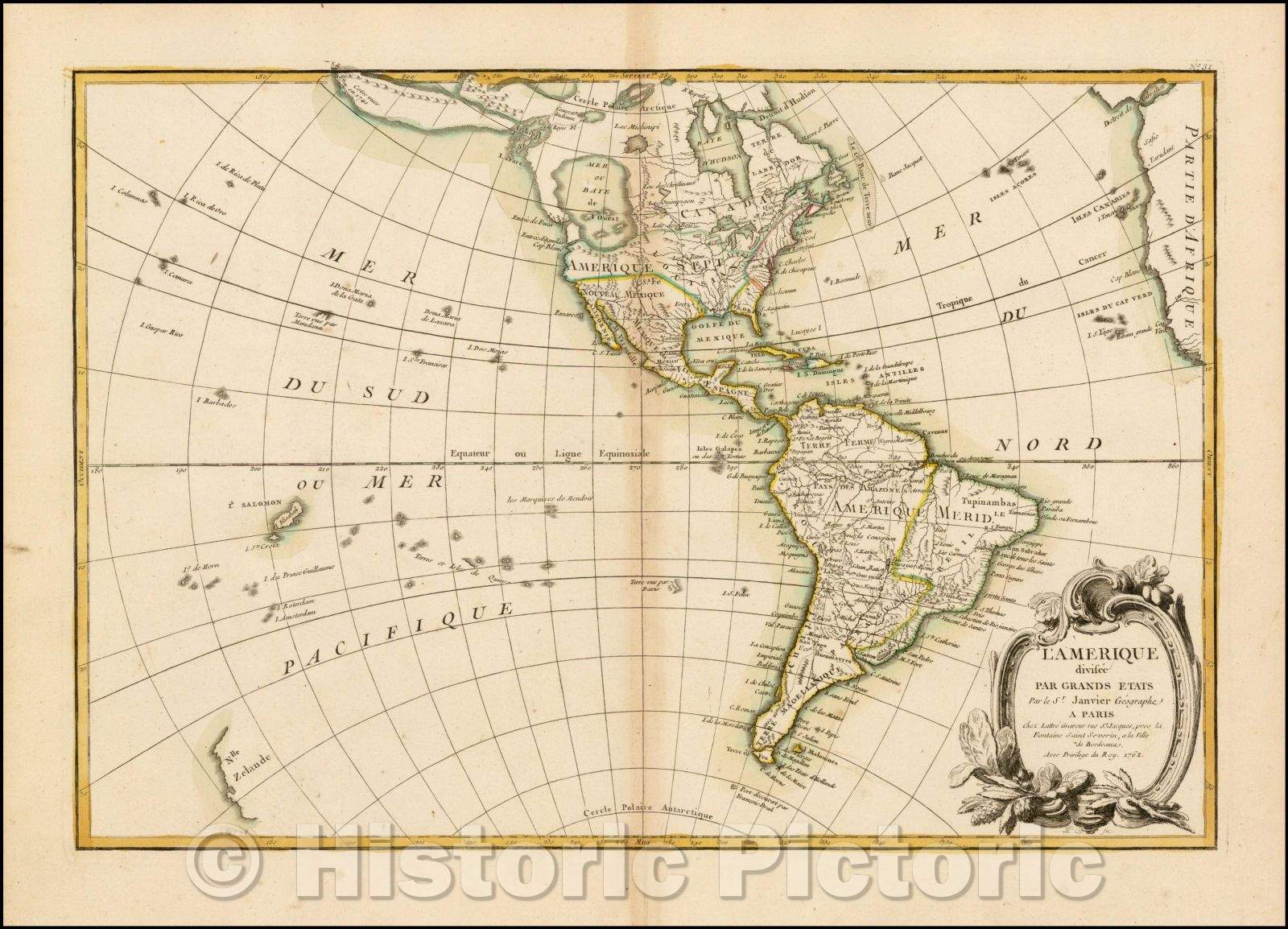 Historic Map - L'Amerique divisee Par Grands Etats/The Great America divided by states. 1762 [Sea of the West], 1762, Jean Janvier - Vintage Wall Art