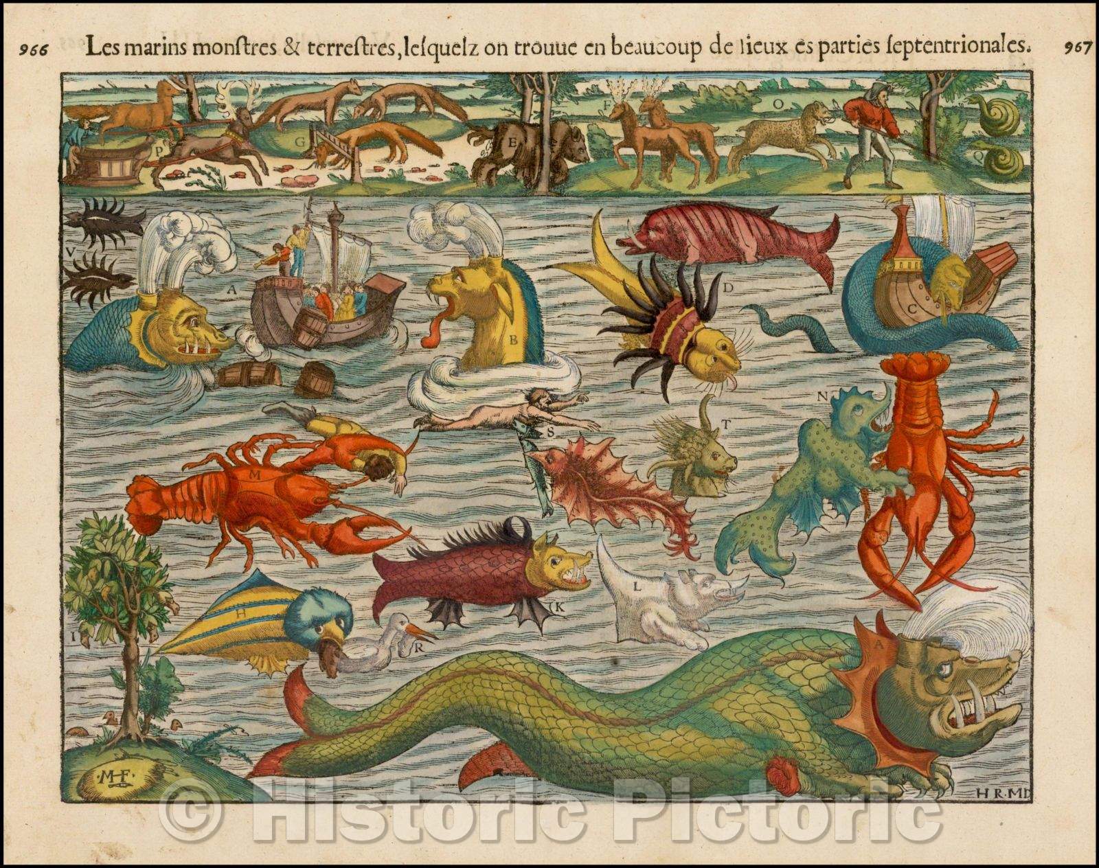 Historic Map - Les Monstres Marins, Et Terrestres Munster's Famous Chart of Sea Monsters, 1550, Sebastian M?nster v2