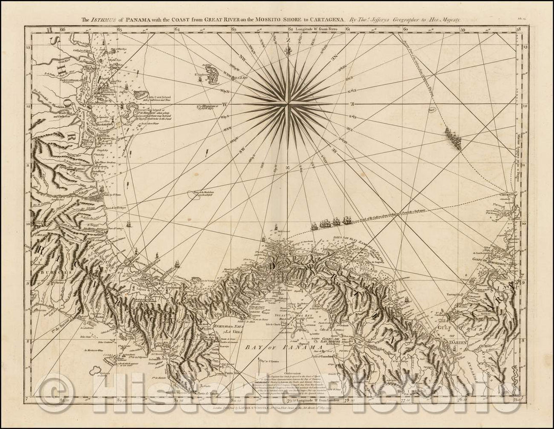 Historic Map - The Isthmus of Panama with the Coast from Great River on the Moskito Shore to Cartagena, 1794, Richard Holmes Laurie - Vintage Wall Art