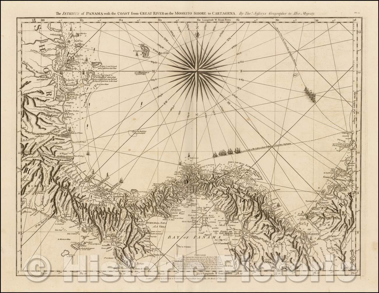 Historic Map - The Isthmus of Panama with the Coast from Great River on the Moskito Shore to Cartagena, 1794, Richard Holmes Laurie - Vintage Wall Art