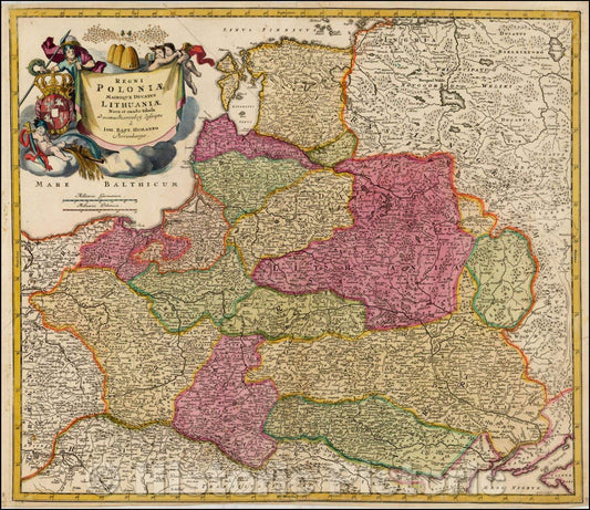 Historic Map - Regni Poloniae Magnique Ducatus Lithuaniae Nova et exacta tabula ad memtem Starovolcy descripta, 1720, Johann Baptist Homann - Vintage Wall Art