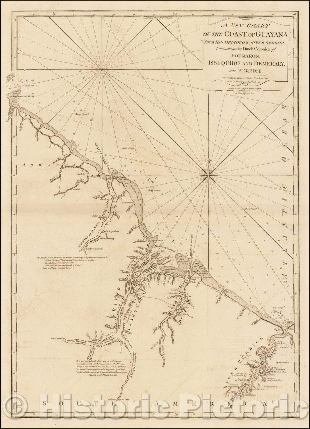 Historic Map - Chart of the Coast of Guayana From Rio Orinoco to River Berbice, Containing the Dutch Colonies of Pourmaron, Issequibo and Demerary, 1795 - Vintage Wall Art