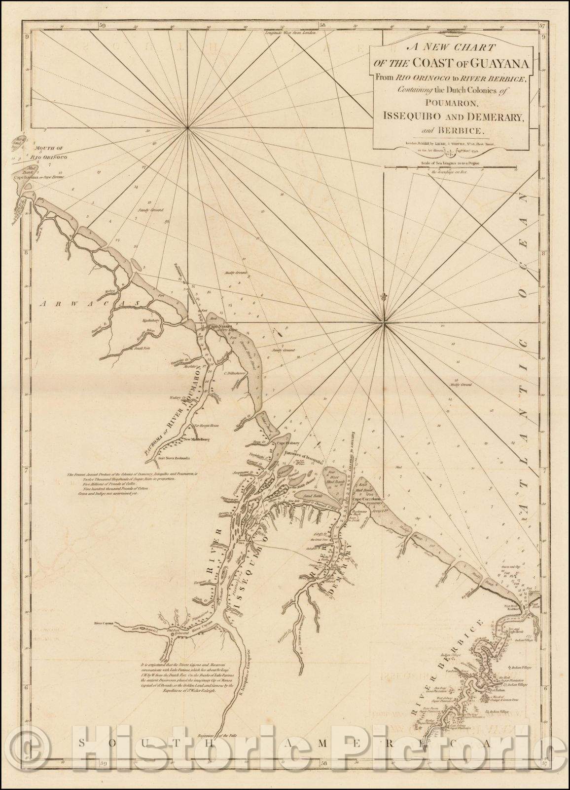 Historic Map - Chart of the Coast of Guayana From Rio Orinoco to River Berbice, Containing the Dutch Colonies of Pourmaron, Issequibo and Demerary, 1795 - Vintage Wall Art