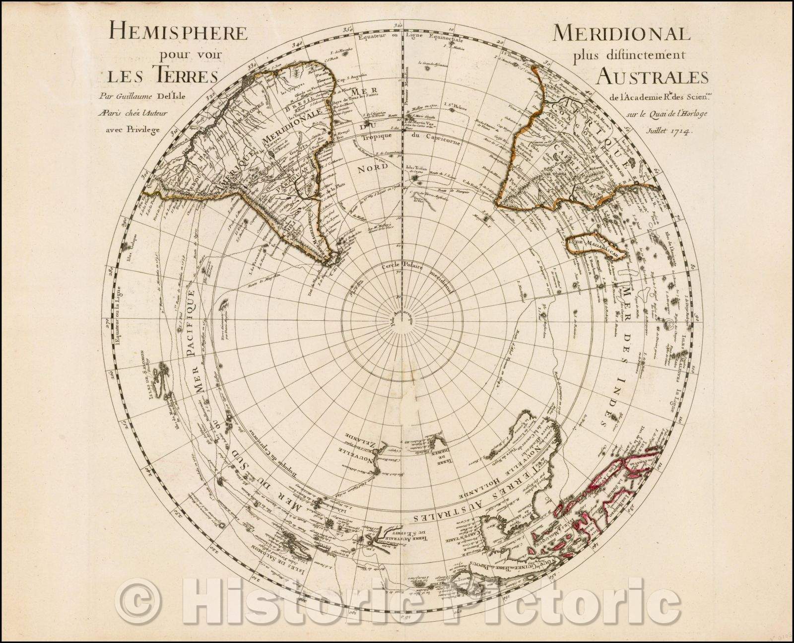 Historic Map - Hemisphere Meridional pour voir plus distinctement Les Terres Australes, 1714, Guillaume De L'Isle - Vintage Wall Art