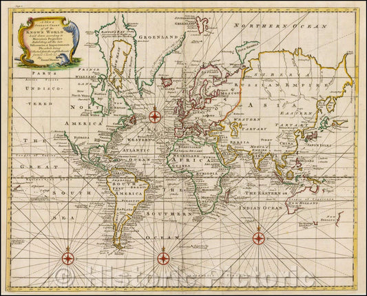 Historic Map - A New and Correct Chart of all the Known World Laid down according to Mercator's Projection, 1744, Emanuel Bowen v2