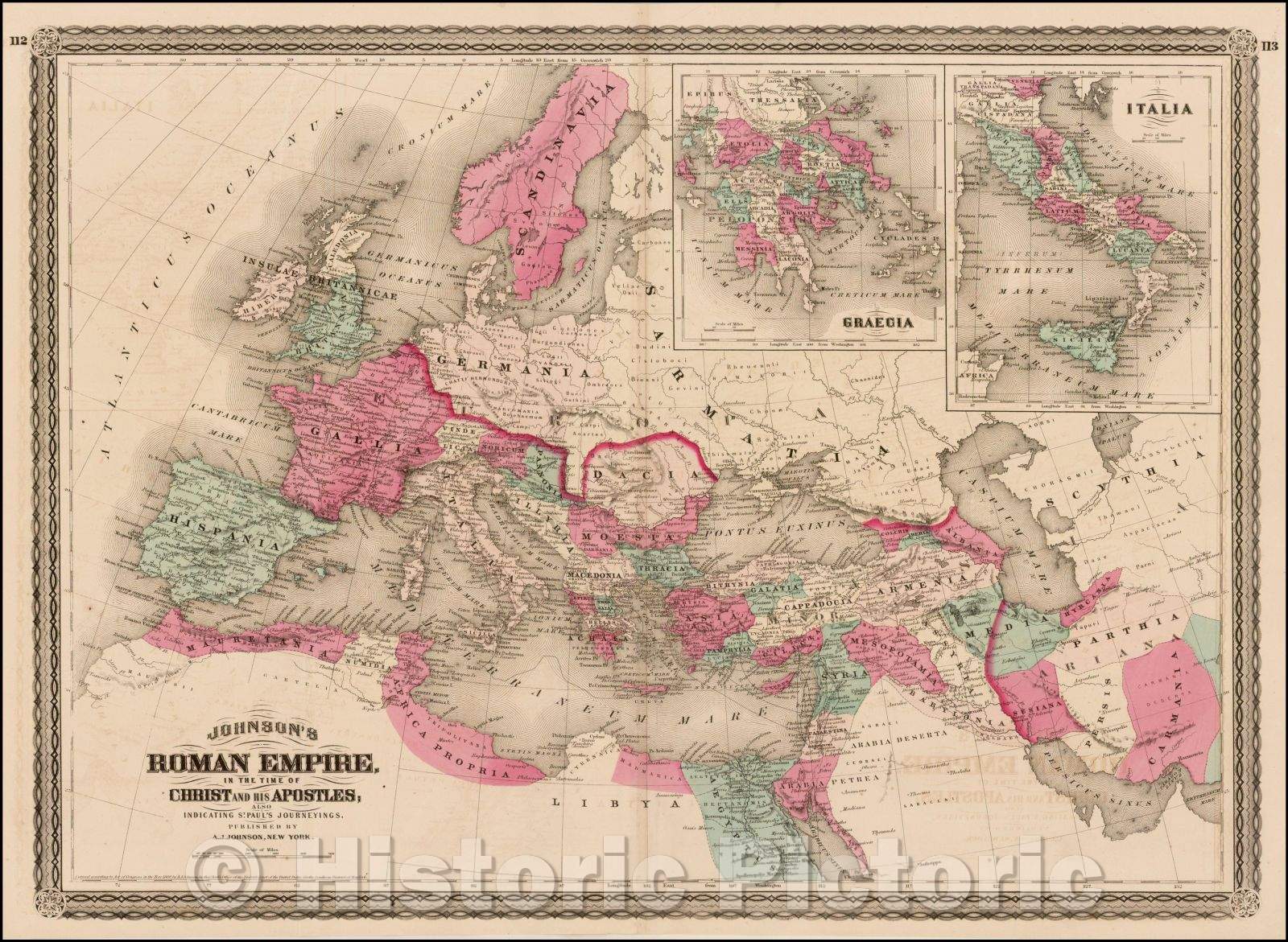 Historic Map - Johnson's Roman Empire, 1875, Alvin Jewett Johnson - Vintage Wall Art