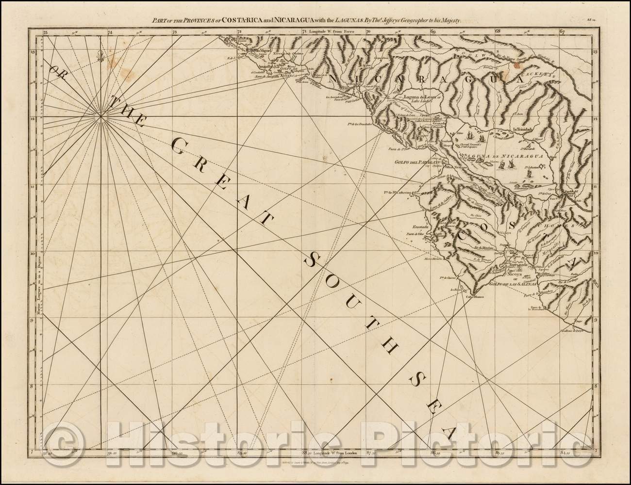 Historic Map - Part of the Provinces of Costa Rica and Nicaragua with the Lagunas, 1775, Thomas Jefferys - Vintage Wall Art