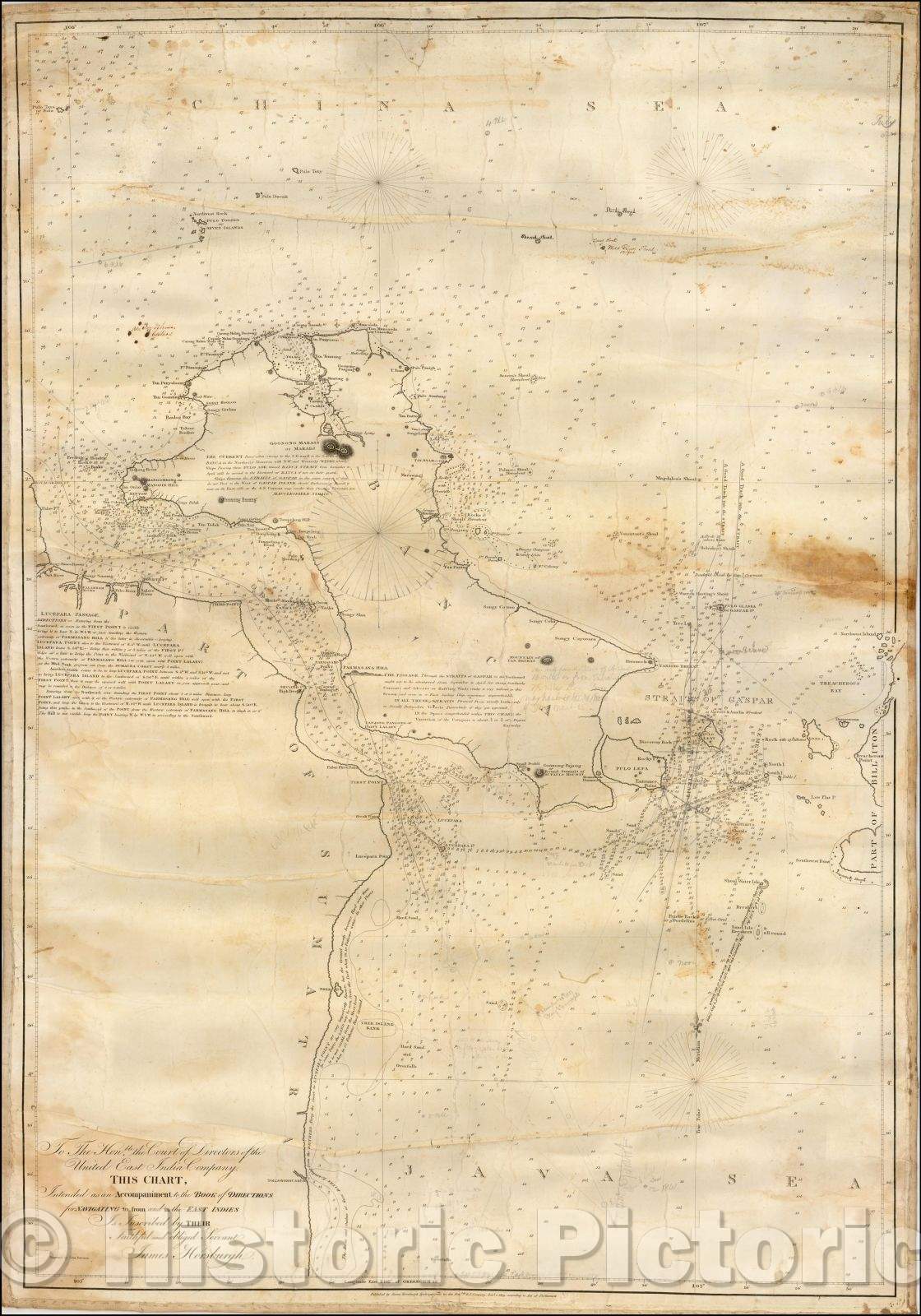 Historic Map - East Indies, Straits of Bangka & Gaspar, 1826, James Horsburgh - Vintage Wall Art