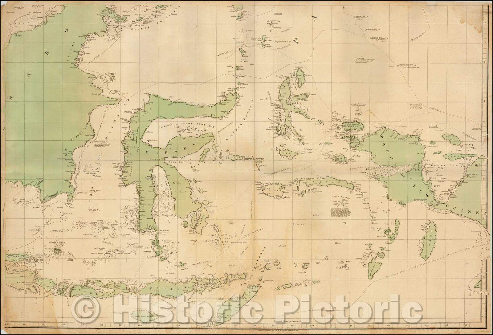 Historic Map - Borneo, Celebes, Papua New Guinea, Timor, etc.) Southeastern Quadrant from Chart of the East India Islands, 1799, Aaron Arrowsmith - Vintage Wall Art