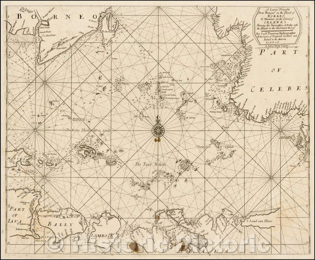 Historic Map - Benjar on the Island of Borneo To Macasser on the Island of Celebes Shewing the Streight of Bally with the Islands to the Eastwar, 1711 - Vintage Wall Art
