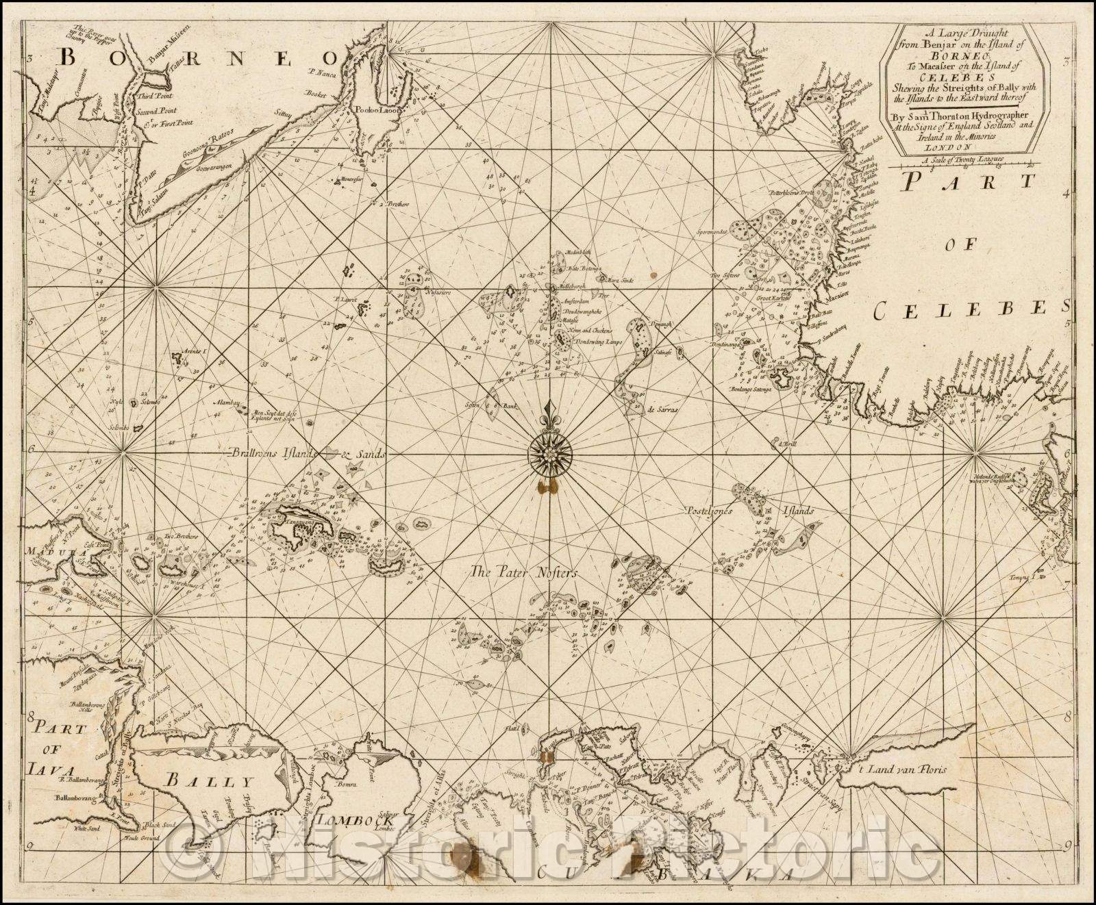 Historic Map - Benjar on the Island of Borneo To Macasser on the Island of Celebes Shewing the Streight of Bally with the Islands to the Eastwar, 1711 - Vintage Wall Art