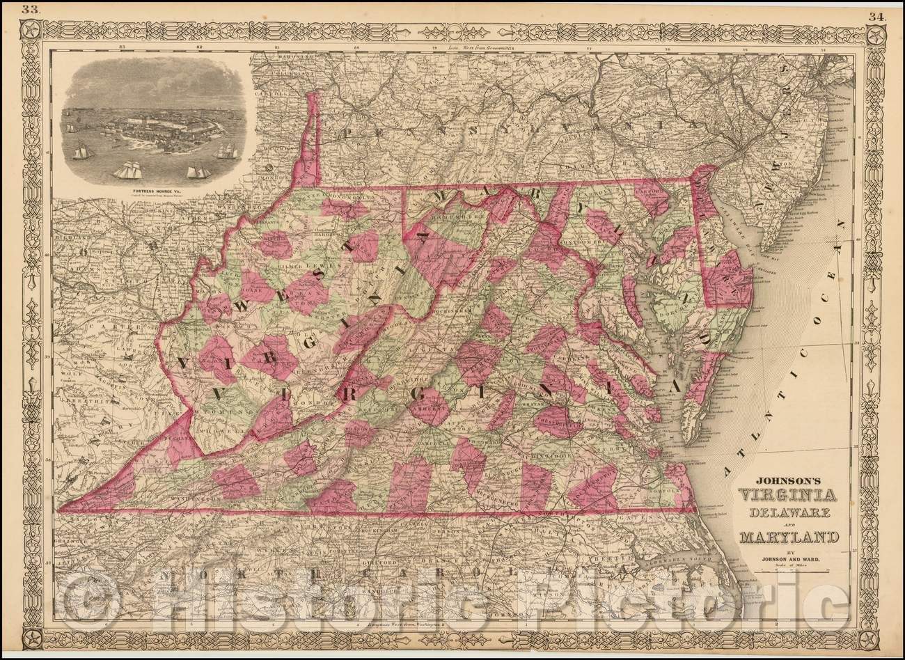 Historic Map - Johnson's Virginia, Delaware and Maryland, 1864, Alvin Jewett Johnson - Vintage Wall Art