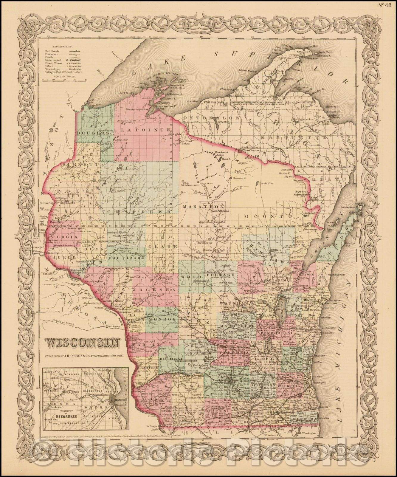 Historic Map - Wisconsin, 1858, Joseph Hutchins Colton - Vintage Wall Art