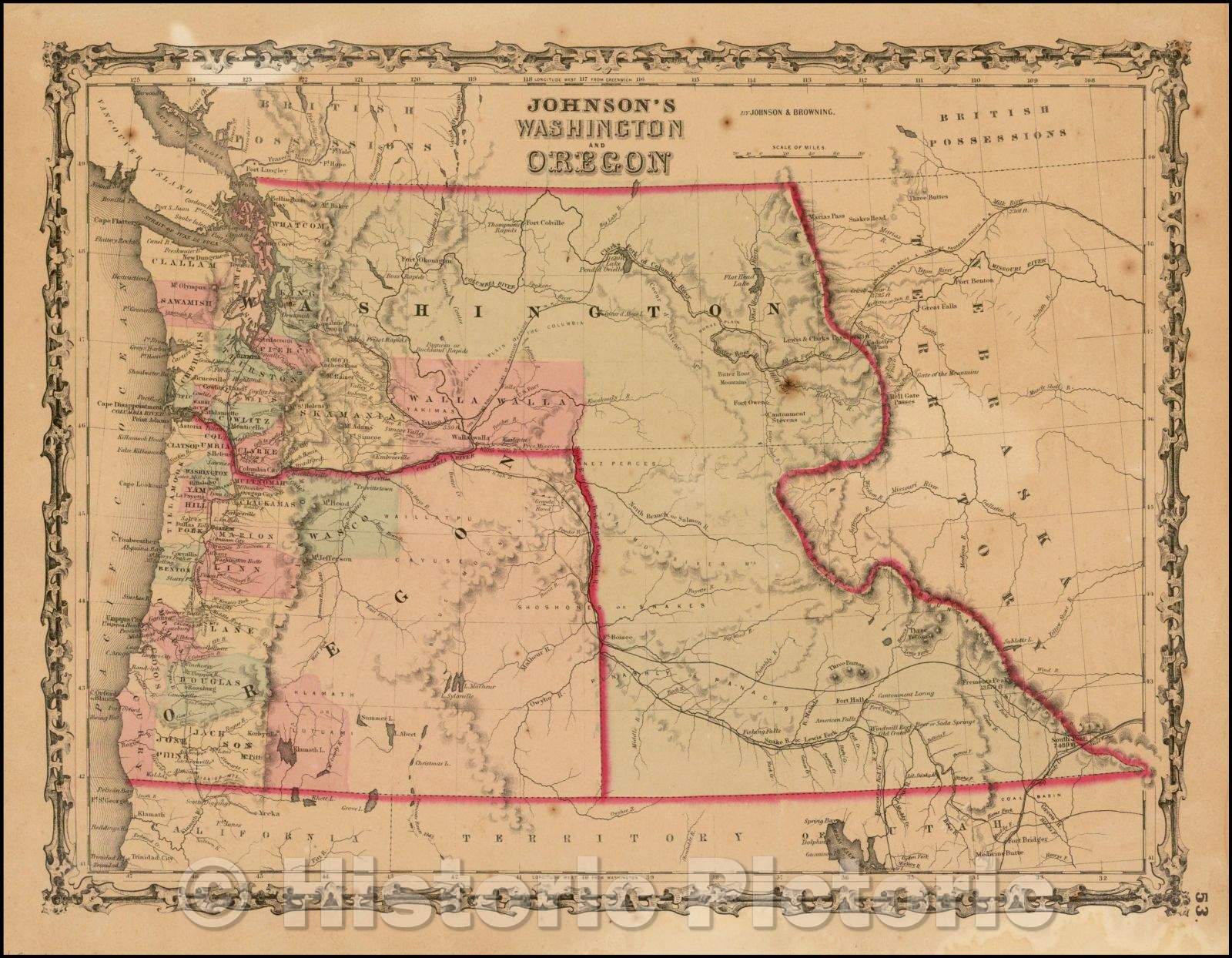 Historic Map - Johnson's Washington and Oregon, 1862, Alvin Jewett Johnson - Vintage Wall Art