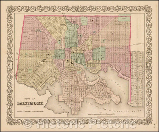 Historic Map - City of Baltimore Maryland, 1858, Joseph Hutchins Colton - Vintage Wall Art