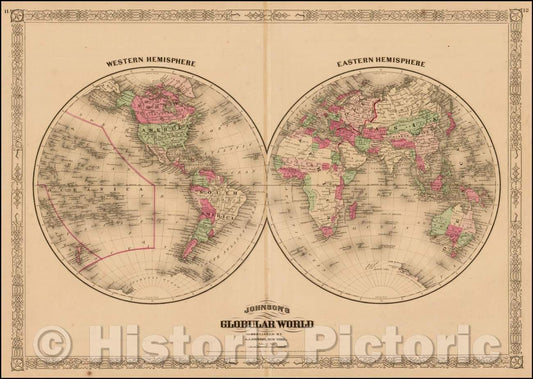 Historic Map - Johnson's Globular World, 1875, Alvin Jewett Johnson - Vintage Wall Art