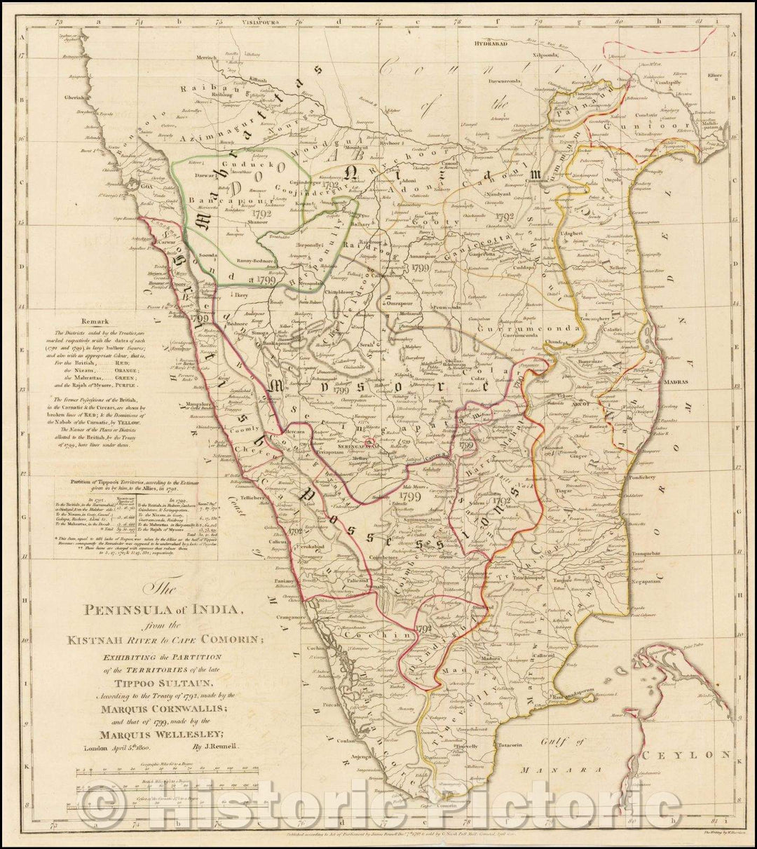 Historic Map - The Peninsula of India, from the Kistnah River to Cape Comorin; Exhibiting the Partition of the Territories of the late Tippoo Sultaun, 1800 - Vintage Wall Art