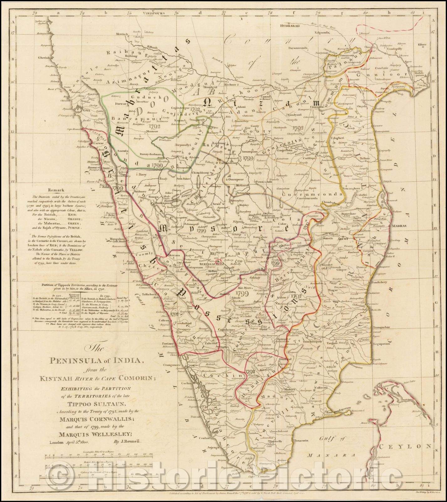 Historic Map - The Peninsula of India, from the Kistnah River to Cape Comorin; Exhibiting the Partition of the Territories of the late Tippoo Sultaun, 1800 - Vintage Wall Art