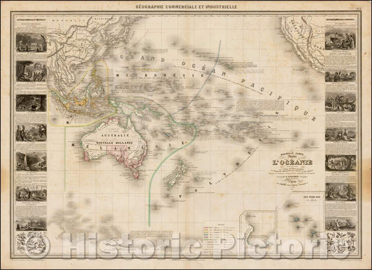Historic Map - Nouvelle Carte Illustree de L'Oceanie, 1860, Alexandre Vuillemin v2