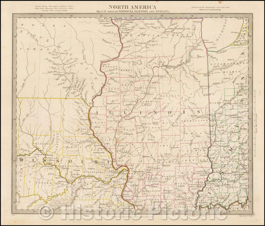 Historic Map - North America Sheet IX Parts of Missouri, Illinois and Indiana [and the Sioux District], 1833, SDUK - Vintage Wall Art