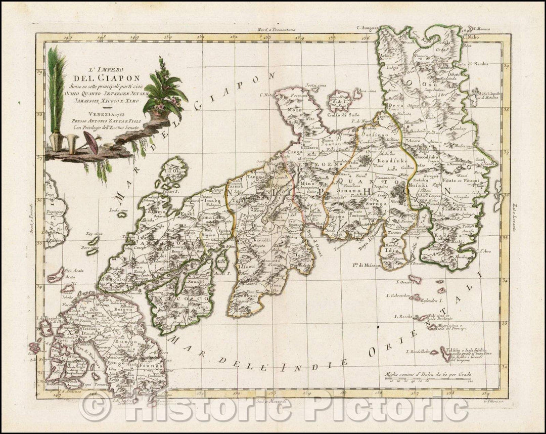 Historic Map - L'Impero Del Giapon diviso in sette principali pari Cioe/Zatta's Map of Japan, from his monumental 4 volume Atlante Novissimo, 1785 - Vintage Wall Art