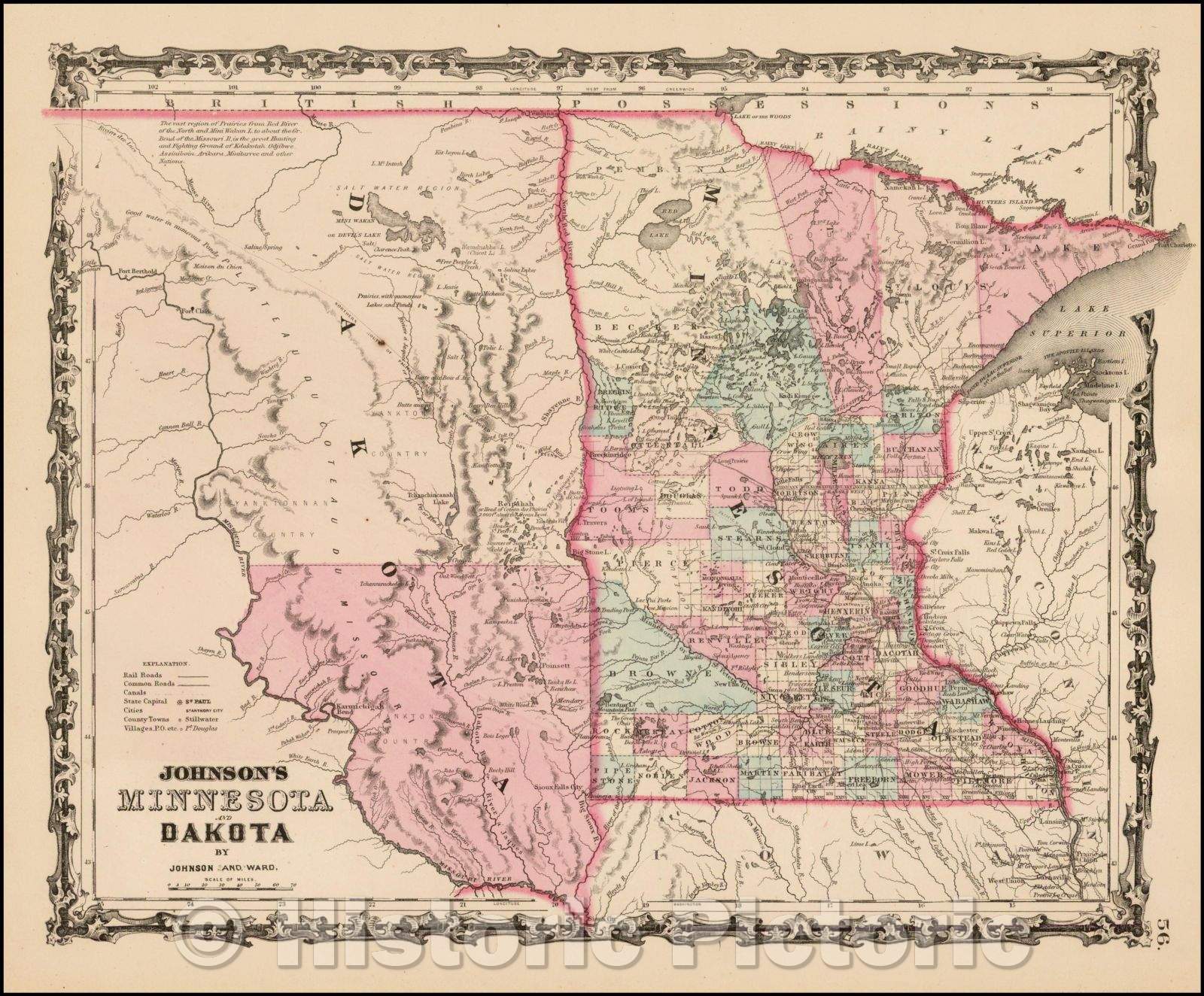 Historic Map - Johnson's Minnesota and Dakota, 1862, Benjamin Ward v3
