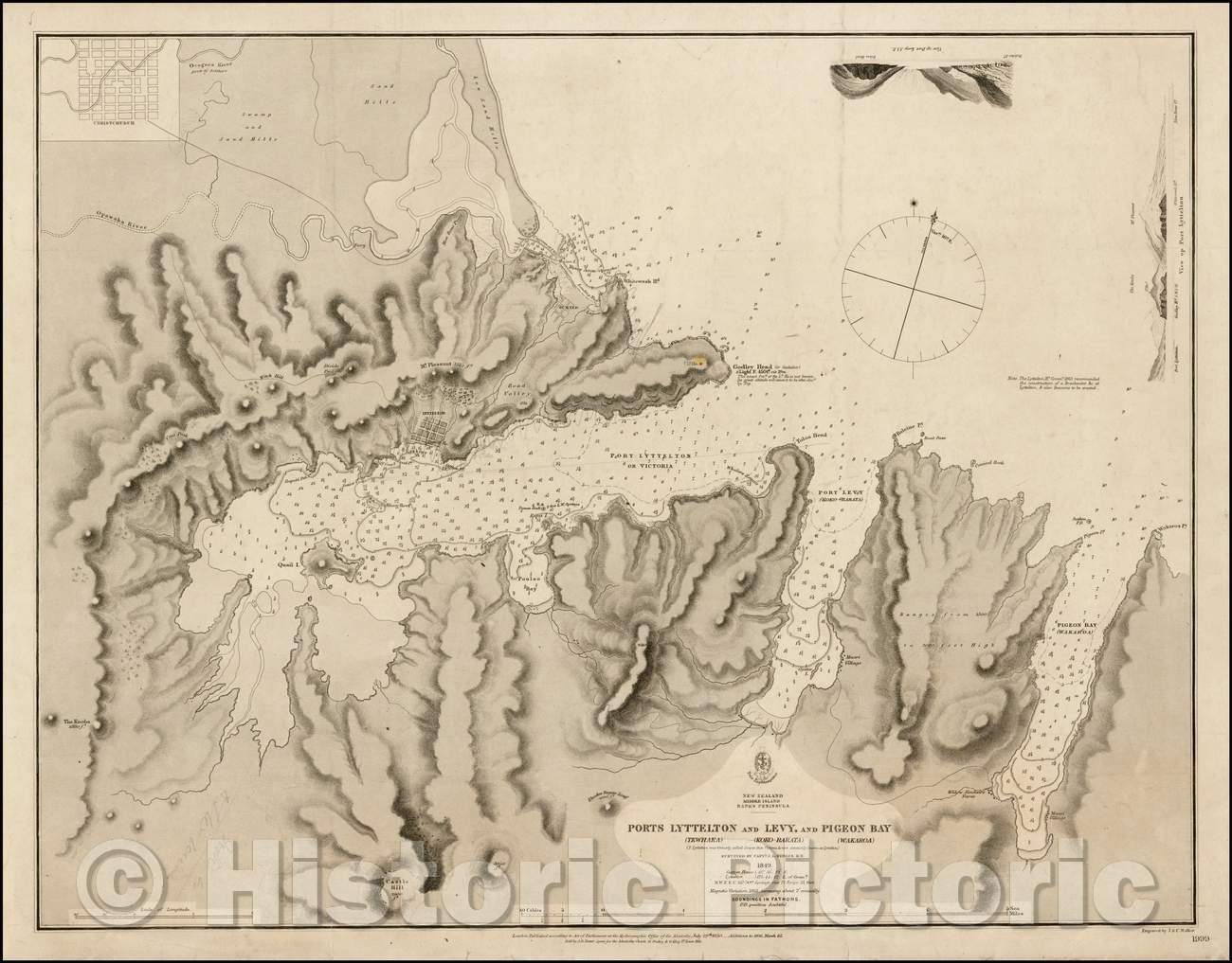 Historic Map - Ports Lyttelton (Tewhaka) and Levy (Koko-Rarat) and Pigeon (Wakaroa) Survey, 1850, British Admiralty - Vintage Wall Art