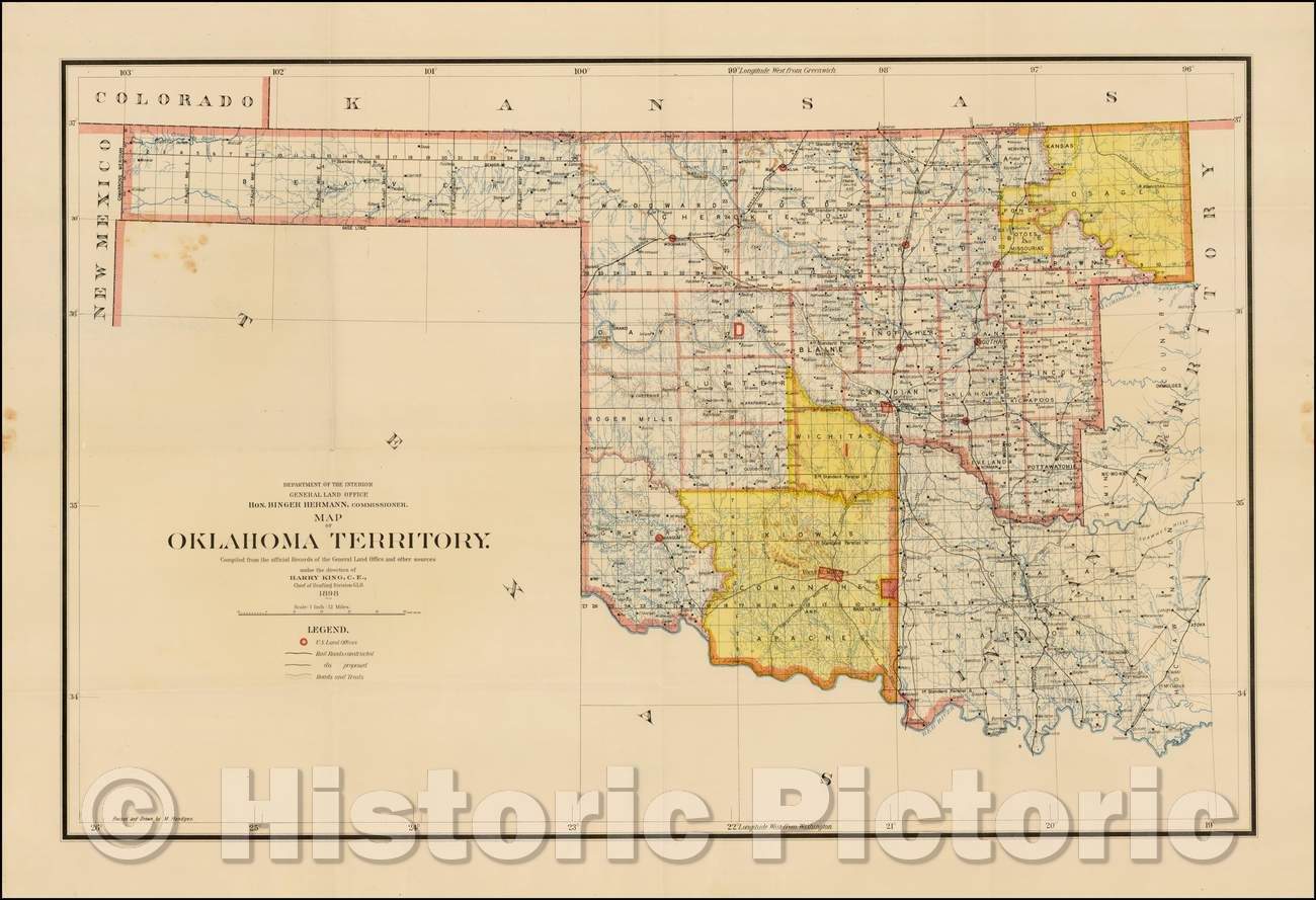 Historic Map - Map of Oklahoma Territory, 1898, General Land Office - Vintage Wall Art