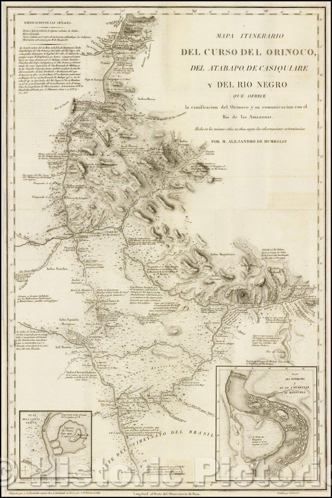 Historic Map - Mapa Itinerario Del Curso Del Orinoco, Del Atabapo, De Casiquiare/Map of the Orinoco River and seveal major Tributaries, 1826 - Vintage Wall Art