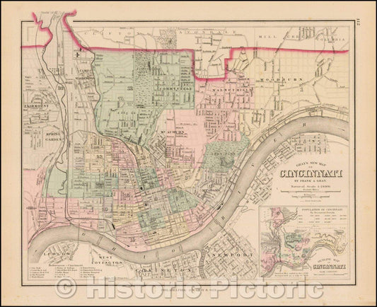 Historic Map - Gray's New Map of Cincinnati, 1881, OW Gray - Vintage Wall Art